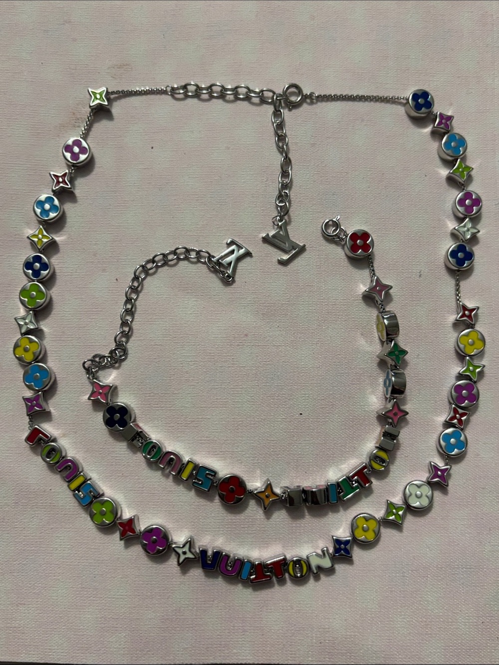 Louis Vuitton Multicolor Enamel Logo and Flower Charm Necklace Set